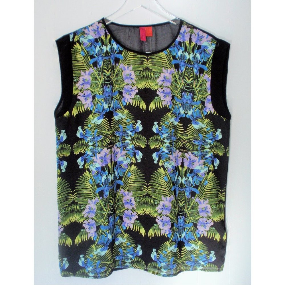 FOREVER 21 LIME PURPLE BLACK FLORAL CHIFFON TOP L